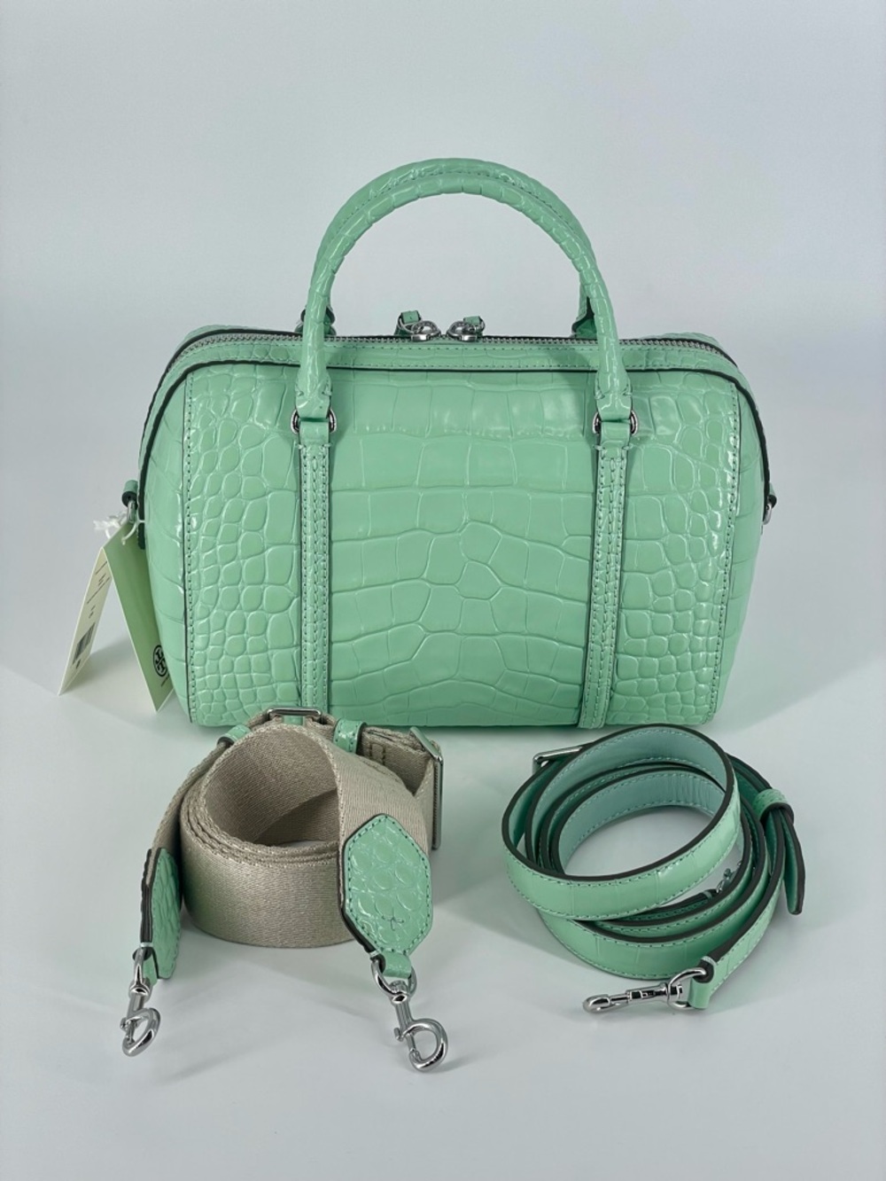 NWT Tory Burch Northern Lights Green Thea Croc-Embossed Bag w/ 2 Straps - Picture 2 of 7